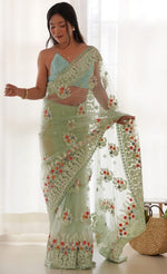 Lovely Green Color Twill Fabric Partywear Saree