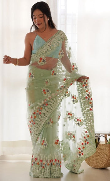 Lovely Green Color Twill Fabric Partywear Saree