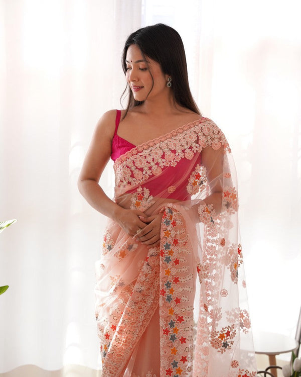 Lovely Peach Color Twill Fabric Partywear Saree