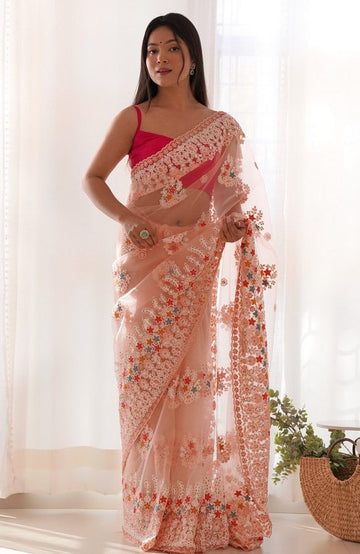 Lovely Peach Color Twill Fabric Partywear Saree