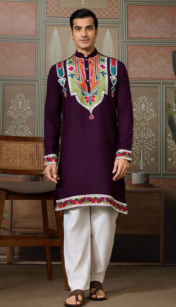Desirable Wine Color Cotton Fabric Mens Kurta