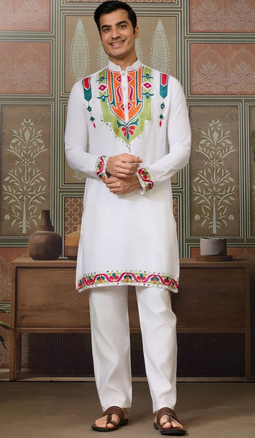 Desirable White Color Cotton Fabric Mens Kurta