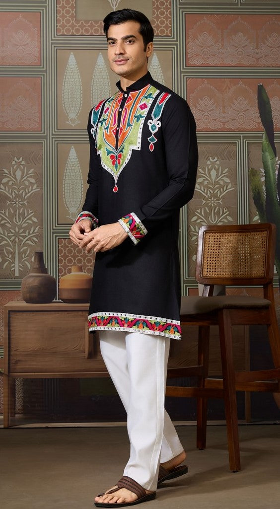 Desirable Black Color Cotton Fabric Mens Kurta