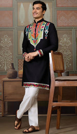 Desirable Black Color Cotton Fabric Mens Kurta