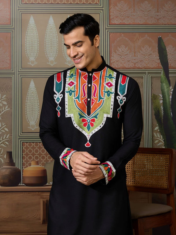 Desirable Black Color Cotton Fabric Mens Kurta