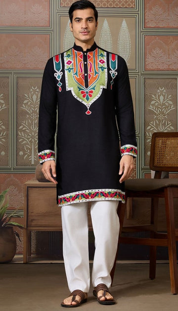 Desirable Black Color Cotton Fabric Mens Kurta