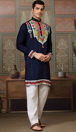 Desirable Navy Blue Color Cotton Fabric Mens Kurta