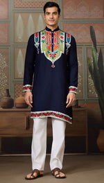 Desirable Navy Blue Color Cotton Fabric Mens Kurta
