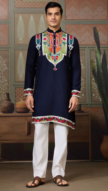 Desirable Navy Blue Color Cotton Fabric Mens Kurta