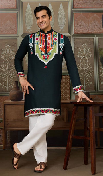 Desirable Green Color Cotton Fabric Mens Kurta
