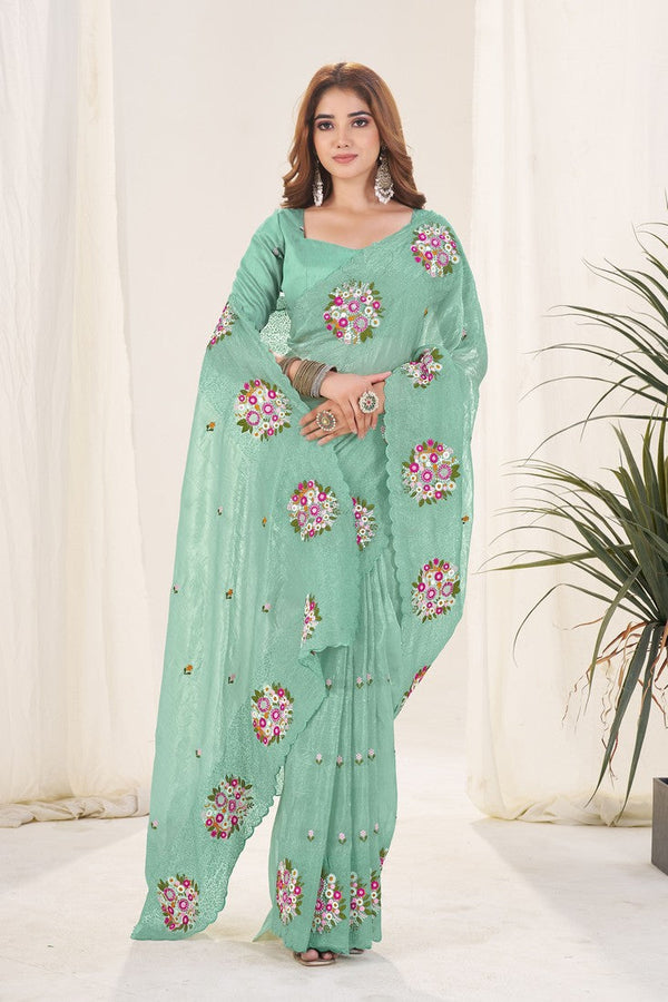 Ideal Green Color Crush Fabric Designer Saree