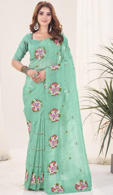 Ideal Green Color Crush Fabric Designer Saree