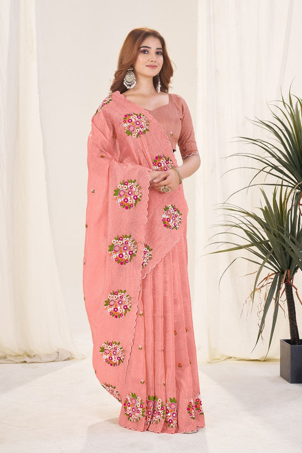 Ideal Peach Color Crush Fabric Designer Saree