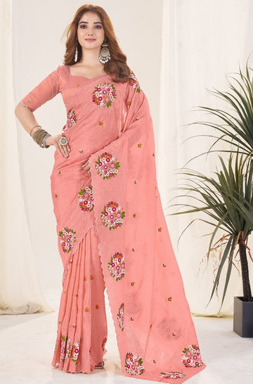 Ideal Peach Color Crush Fabric Designer Saree