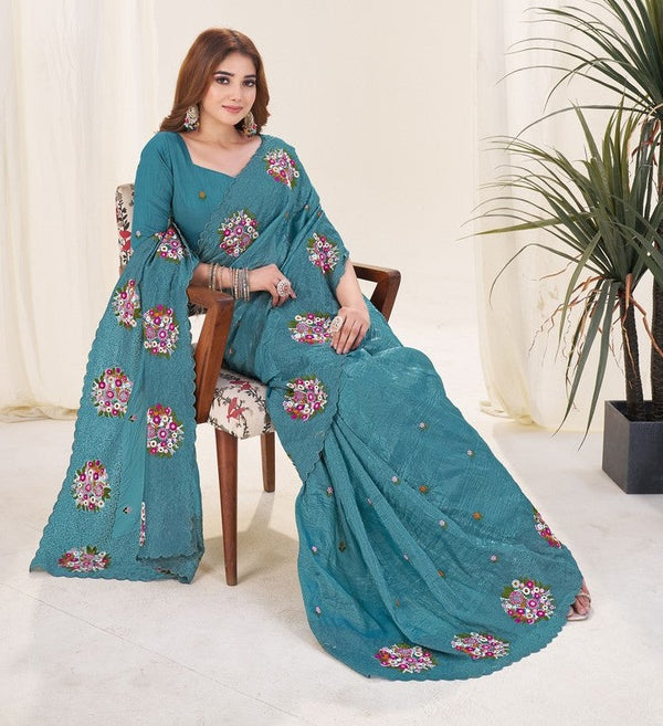 Ideal Teal Color Crush Fabric Designer Saree
