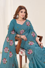 Ideal Teal Color Crush Fabric Designer Saree