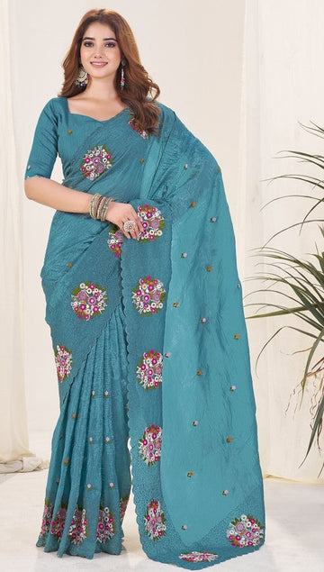 Ideal Teal Color Crush Fabric Designer Saree