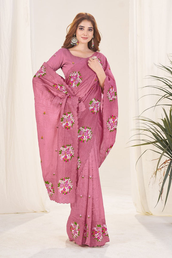 Ideal Pink Color Crush Fabric Designer Saree