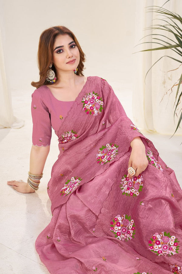Ideal Pink Color Crush Fabric Designer Saree