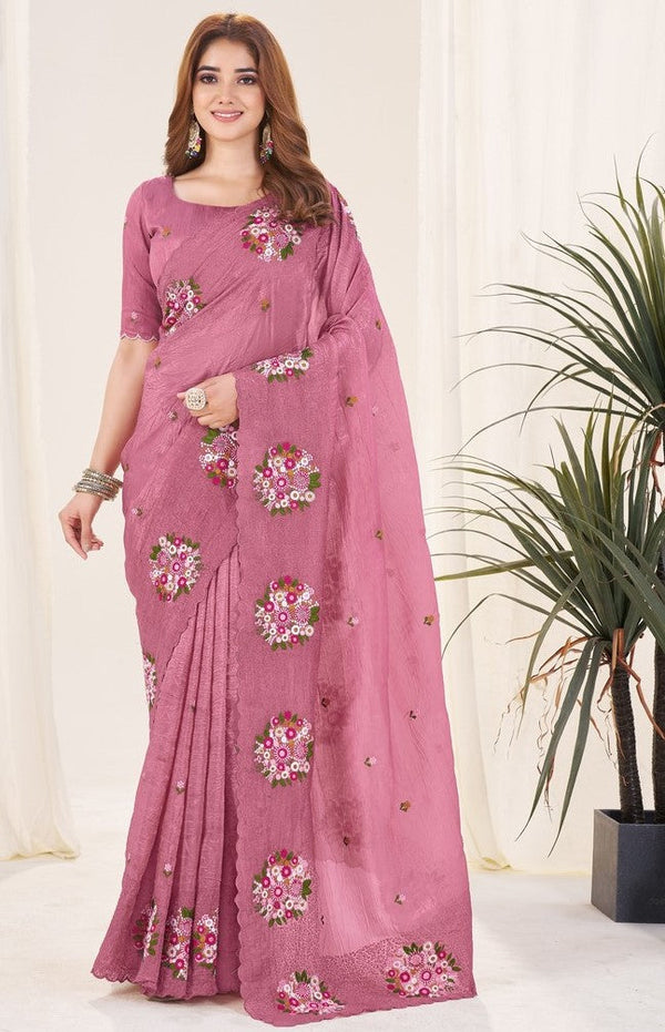 Ideal Pink Color Crush Fabric Designer Saree