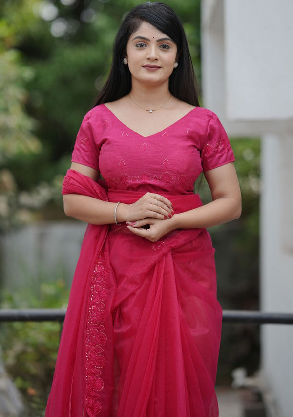 Amazing Pink Color Net Fabric Designer Saree