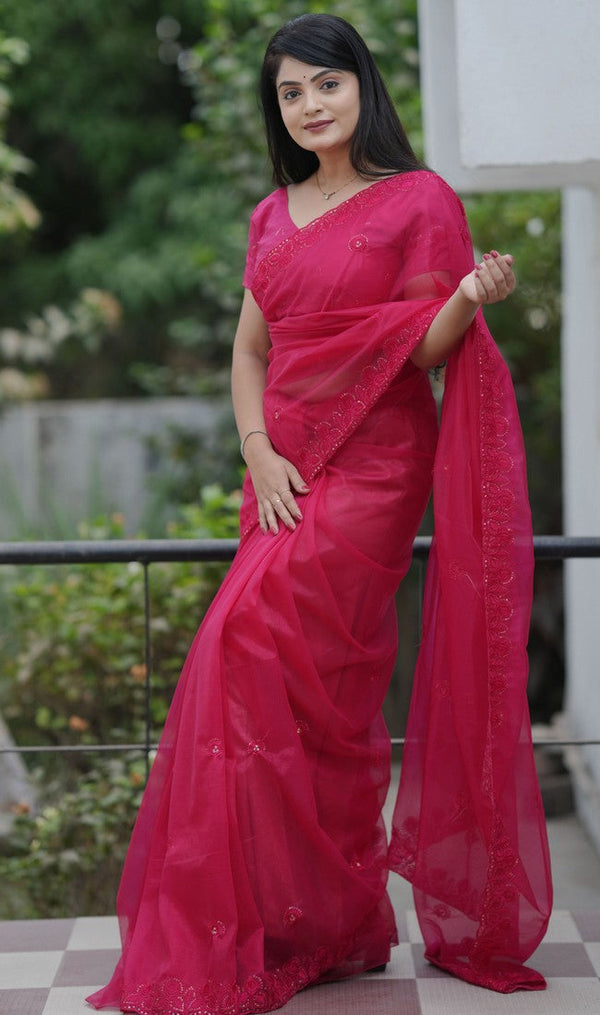 Amazing Pink Color Net Fabric Designer Saree