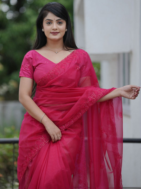 Amazing Pink Color Net Fabric Designer Saree