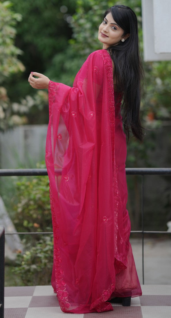 Amazing Pink Color Net Fabric Designer Saree