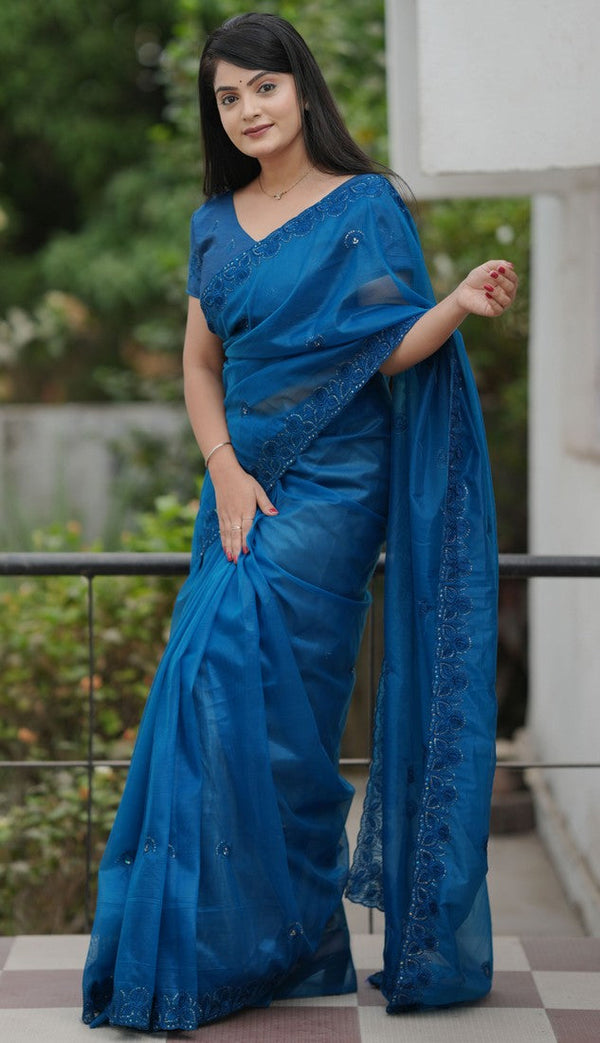 Amazing Teal Color Net Fabric Designer Saree