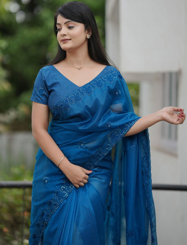 Amazing Teal Color Net Fabric Designer Saree