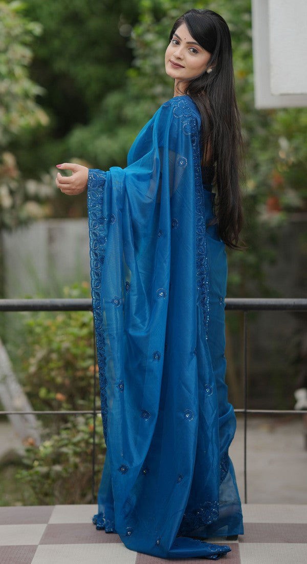 Amazing Teal Color Net Fabric Designer Saree