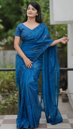 Amazing Teal Color Net Fabric Designer Saree