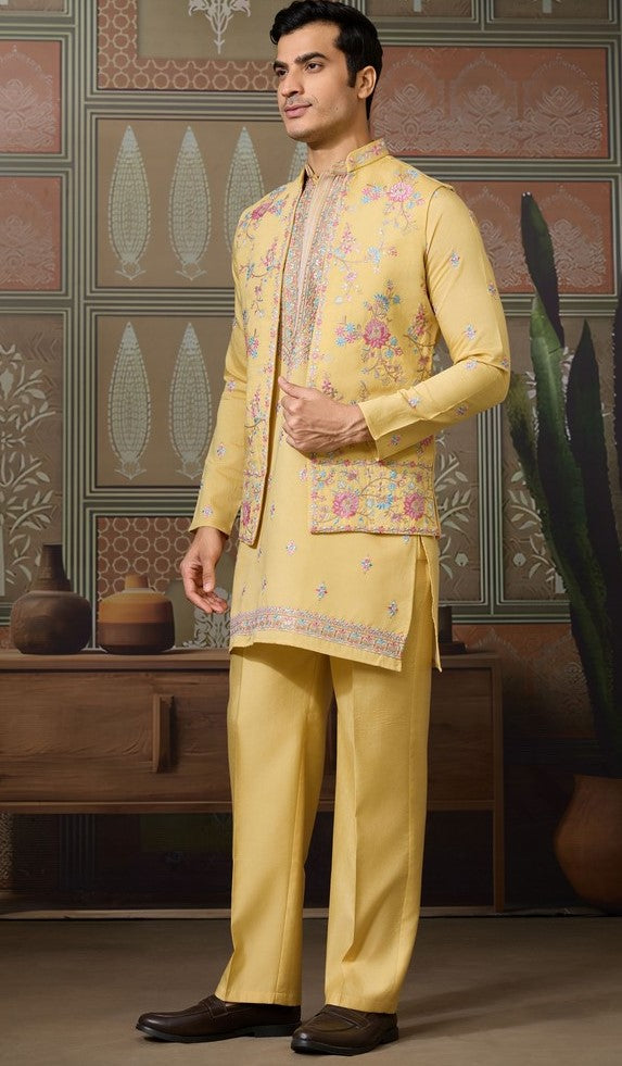 Grand Yellow Color Viscose Fabric Kurta Pajama and Jacket