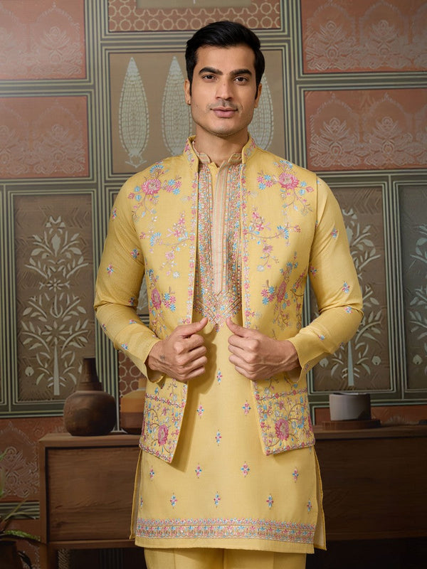 Grand Yellow Color Viscose Fabric Kurta Pajama and Jacket