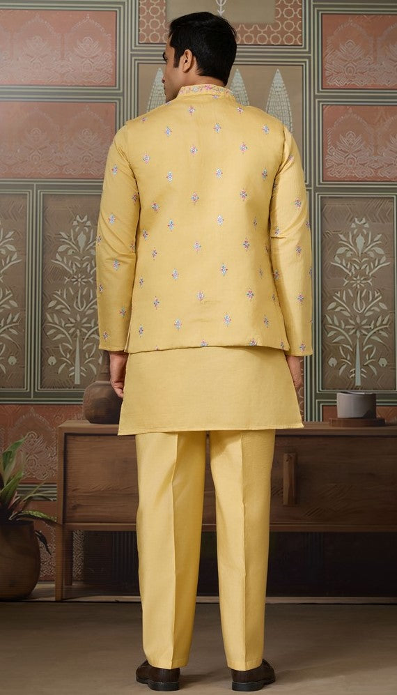 Grand Yellow Color Viscose Fabric Kurta Pajama and Jacket
