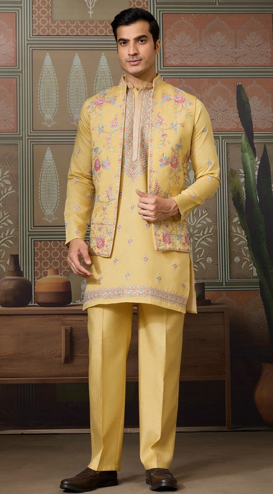 Grand Yellow Color Viscose Fabric Kurta Pajama and Jacket