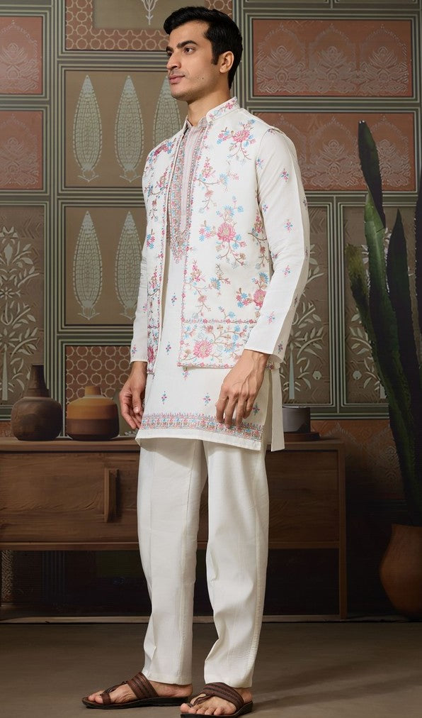 Grand White Color Viscose Fabric Kurta Pajama and Jacket