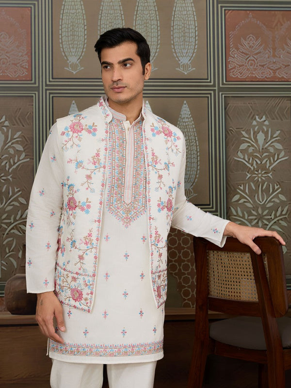 Grand White Color Viscose Fabric Kurta Pajama and Jacket