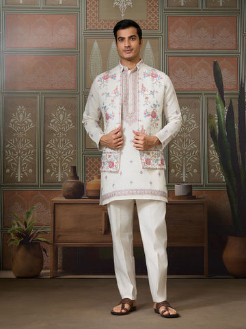 Grand White Color Viscose Fabric Kurta Pajama and Jacket