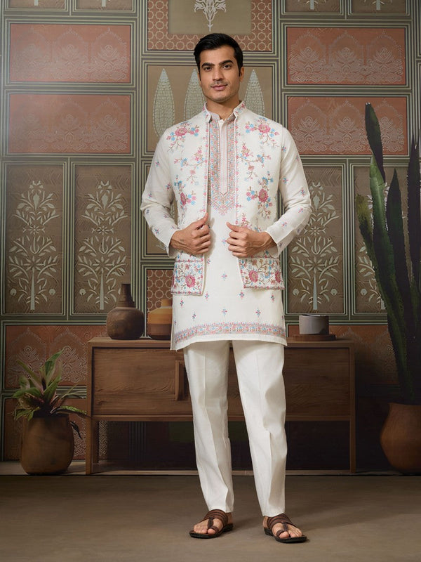 Grand White Color Viscose Fabric Kurta Pajama and Jacket