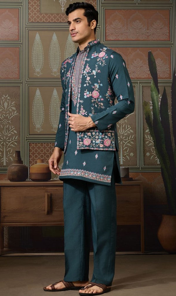Grand Green Color Viscose Fabric Kurta Pajama and Jacket