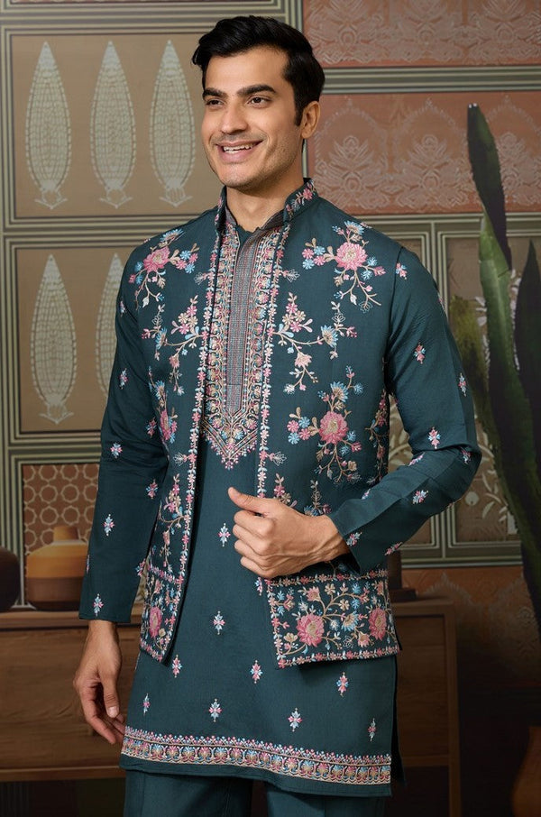 Grand Green Color Viscose Fabric Kurta Pajama and Jacket