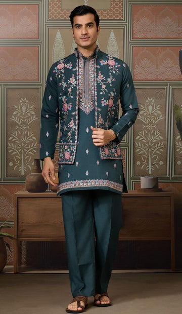 Grand Green Color Viscose Fabric Kurta Pajama and Jacket