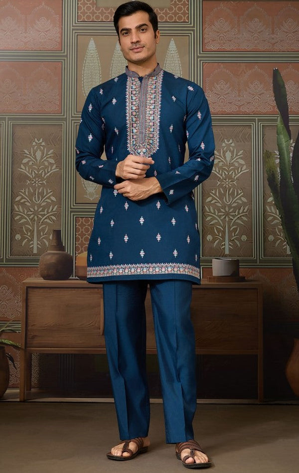 Grand Teal  Color Viscose Fabric Kurta Pajama and Jacket