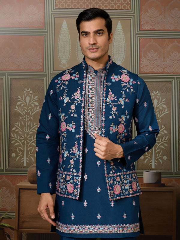 Grand Teal  Color Viscose Fabric Kurta Pajama and Jacket