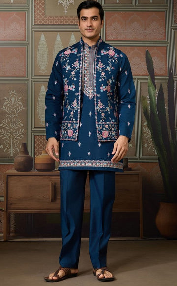 Grand Teal  Color Viscose Fabric Kurta Pajama and Jacket