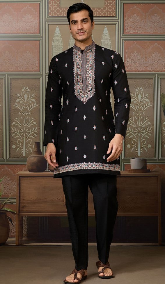Grand Black Color Viscose Fabric Kurta Pajama and Jacket