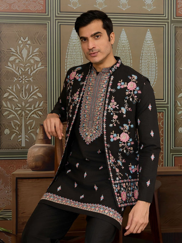 Grand Black Color Viscose Fabric Kurta Pajama and Jacket