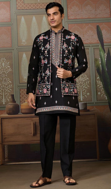 Grand Black Color Viscose Fabric Kurta Pajama and Jacket