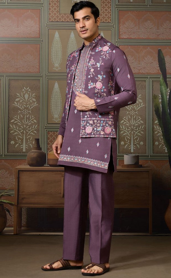 Grand Purple Color Viscose Fabric Kurta Pajama and Jacket